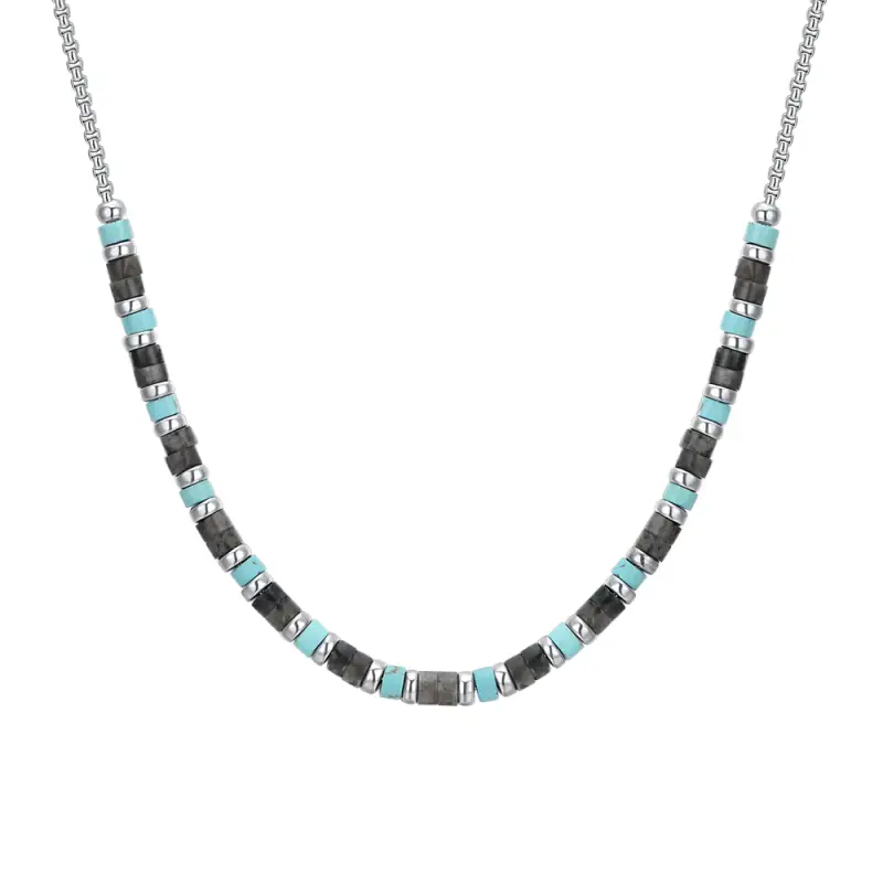 COLLANA UOMO IN ACCIAIO PIETRE GRIGIE E TURCHESI