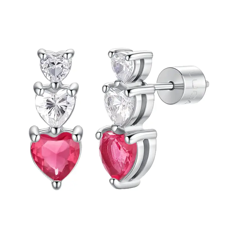 MONO ORECCHINO DONNA IN ACCIAIO CON CUORI CON ZIRCONI BIANCHI E ROSSI