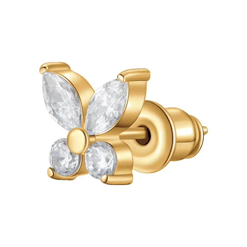 MONO ORECCHINO DONNA IN ACCIAIO CON FARFALLA CON ALI ZICONE BIANCO COLORE ORO