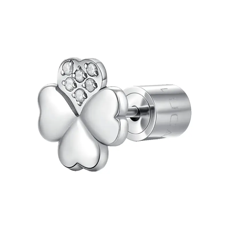 MONO ORECCHINO DONNA IN ACCIAIO CON QUADRIFOGLIO CON PETALO CON PUNTI LUCE ZIRCO