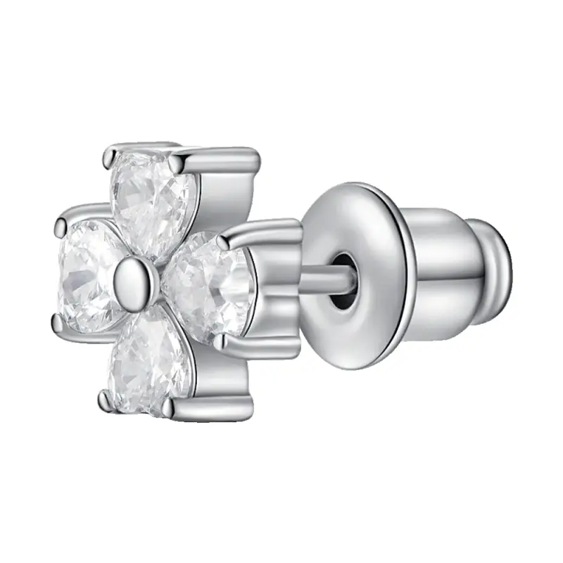 MONO ORECCHINO DONNA IN ACCIAIO CON QUADRIFOGLIO E PETALI CON ZIRCONE BIANCO