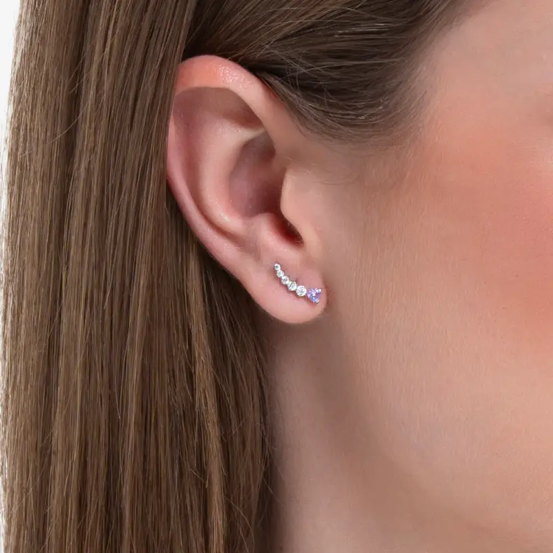 MONO ORECCHINO DONNA IN ACCIAIO CUORE VIOLA E CRISTALLI BIANCHI miniatura 2