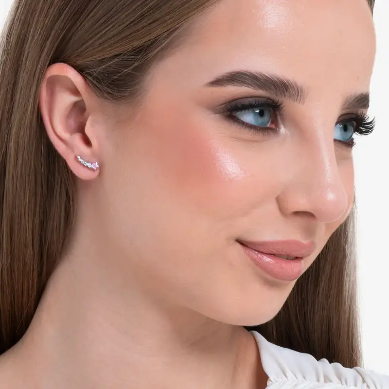 MONO ORECCHINO DONNA IN ACCIAIO STELLA ROSA E CRISTALLI BIANCHI miniatura 2