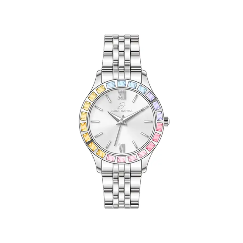 OROLOGIO DONNA IN ACCIAIO GHIERA CRISTALLI MULTICOLOR