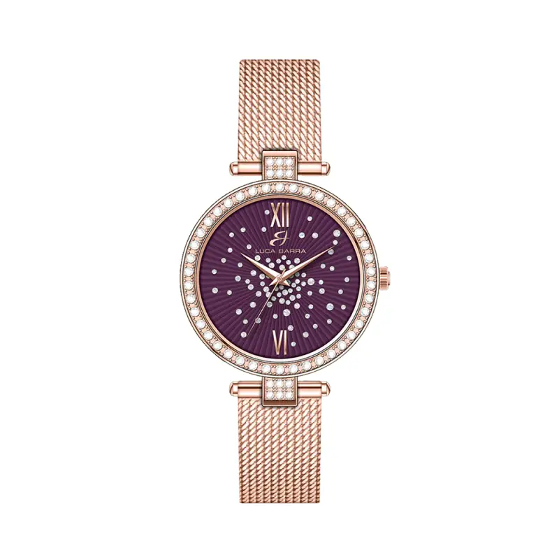 OROLOGIO DONNA IN ACCIAIO IP ROSE QUADRANTE VIOLA GHIERA CON CRISTALLI BIANCHI