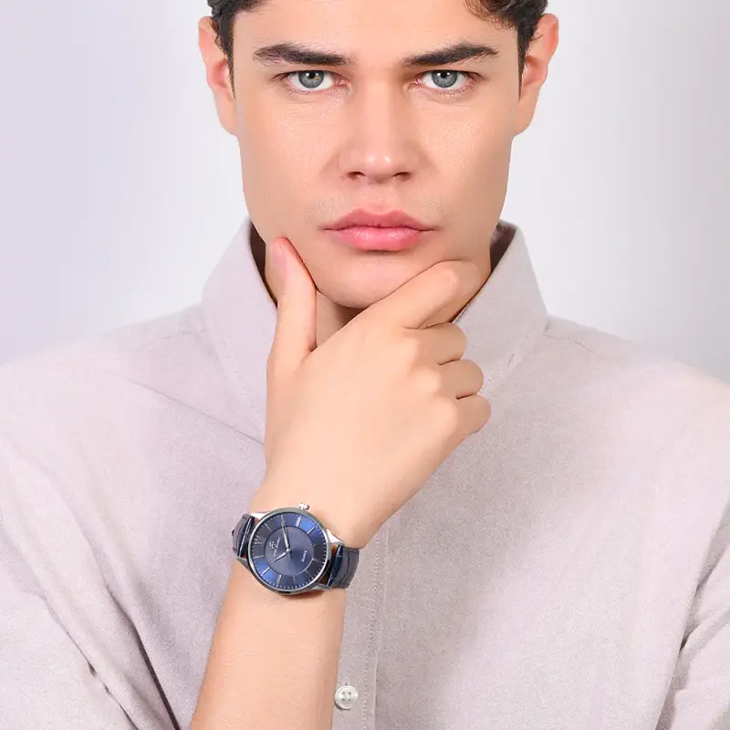 OROLOGIO UOMO IN ACCIAIO CINTURINO PELLE BLU miniatura 3