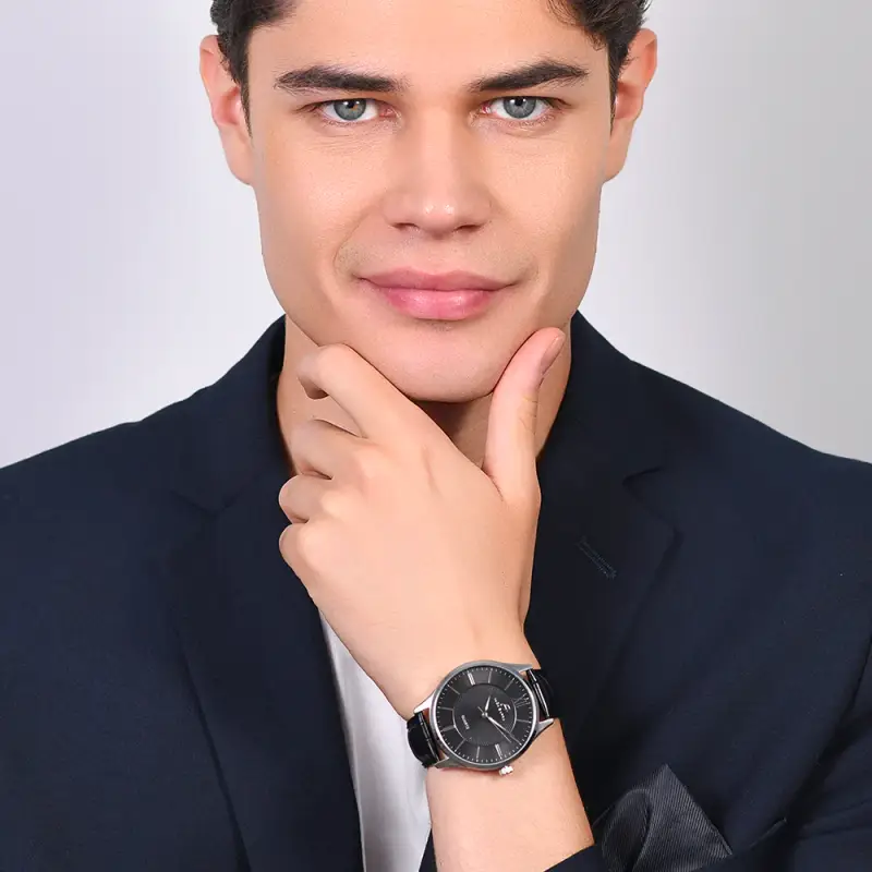 OROLOGIO UOMO IN ACCIAIO CINTURINO PELLE NERA miniatura 3