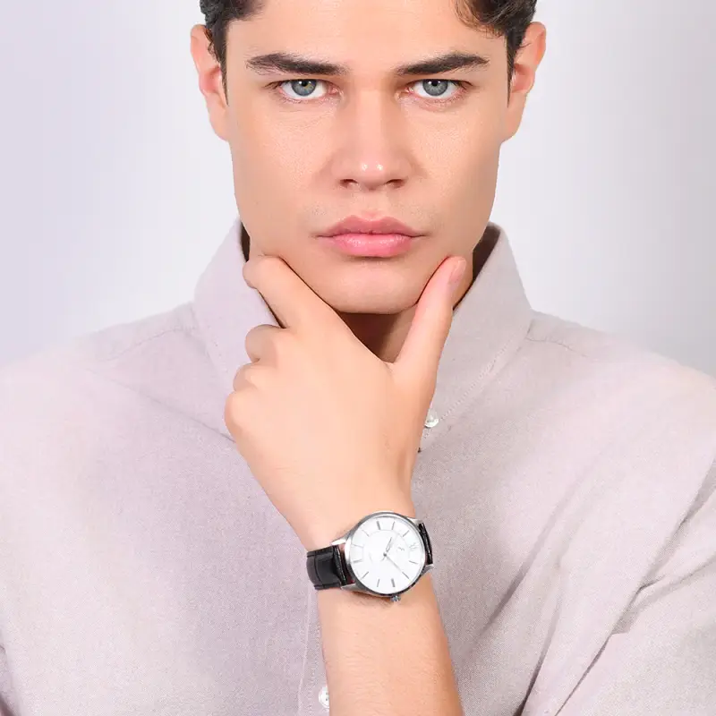 OROLOGIO UOMO IN ACCIAIO CINTURINO PELLE NERA E QUADRANTE BIANCO miniatura 3