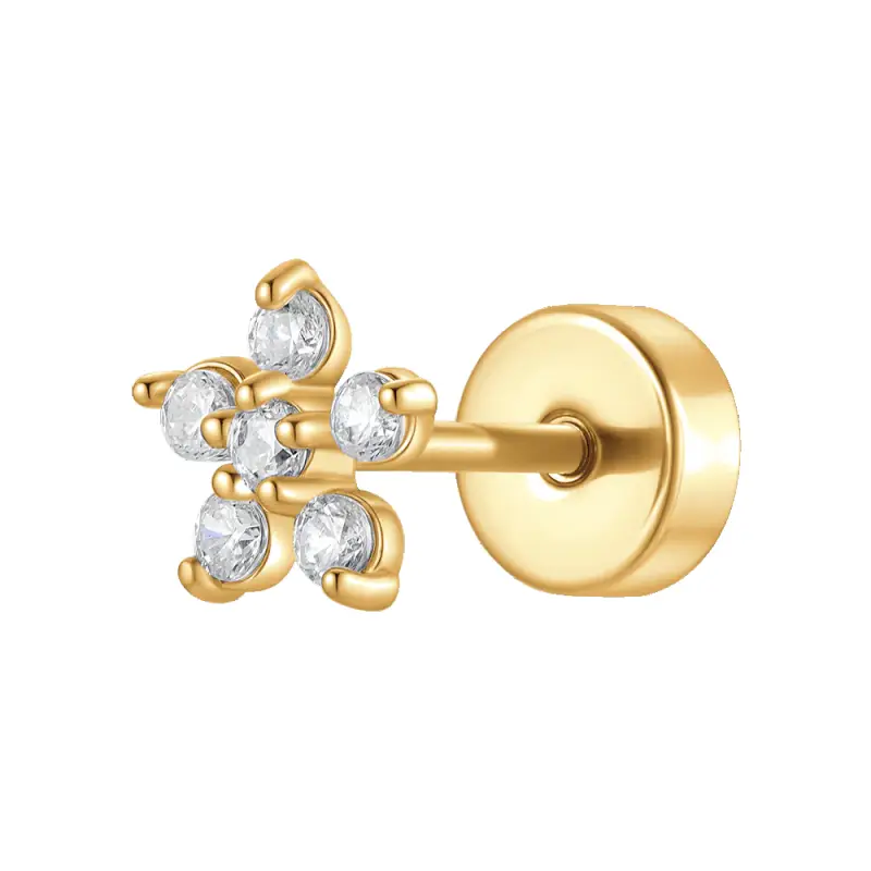PIERCING ORECCHIO DONNA IN ACCIAIO COLORE ORO FORMA FIORE PETALI ZIRCONI BIANCHI