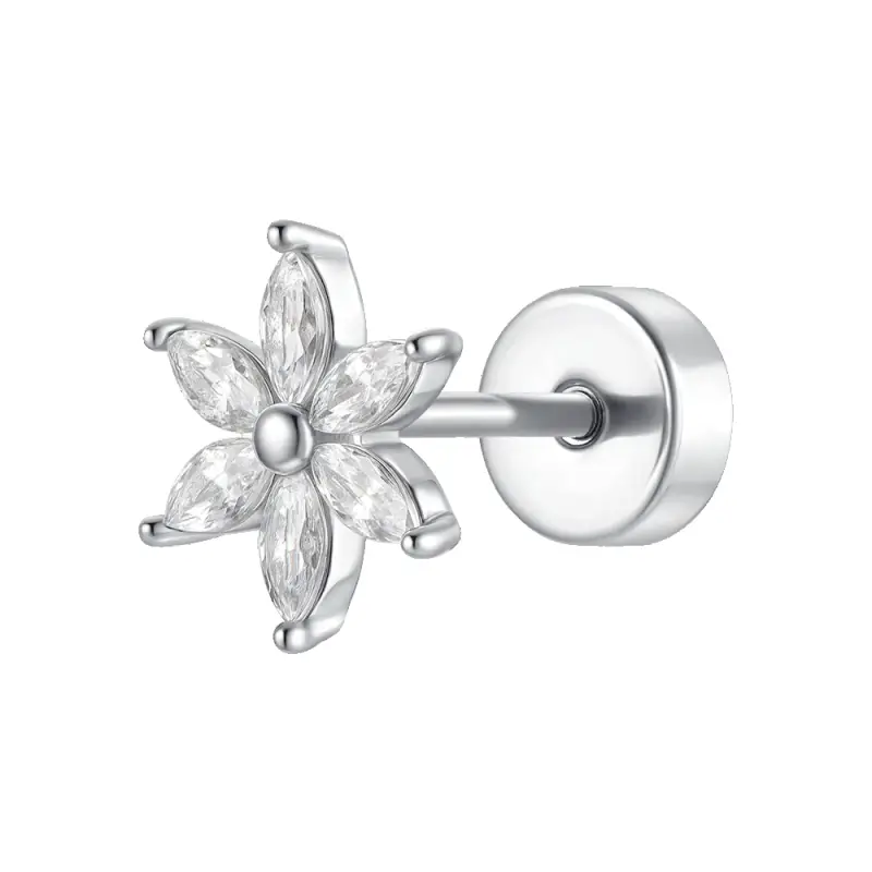 PIERCING ORECCHIO DONNA IN ACCIAIO FIORE PETALI ZIRCONI BIANCHI