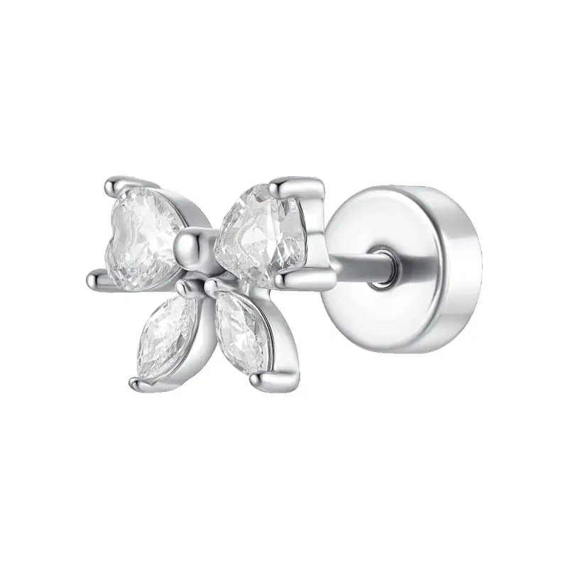 PIERCING ORECCHIO DONNA IN ACCIAIO FORMA FIOCCO CON ZIRCONI BIANCHI