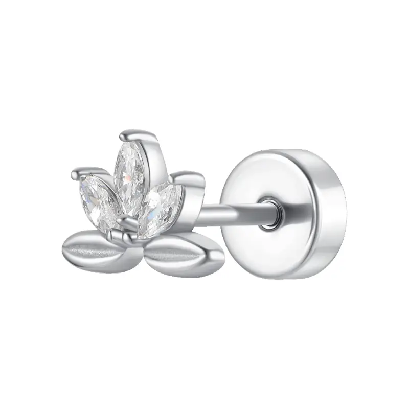 PIERCING ORECCHIO DONNA IN ACCIAIO VENTAGLIO FIORE CON ZIRCONI BIANCHI