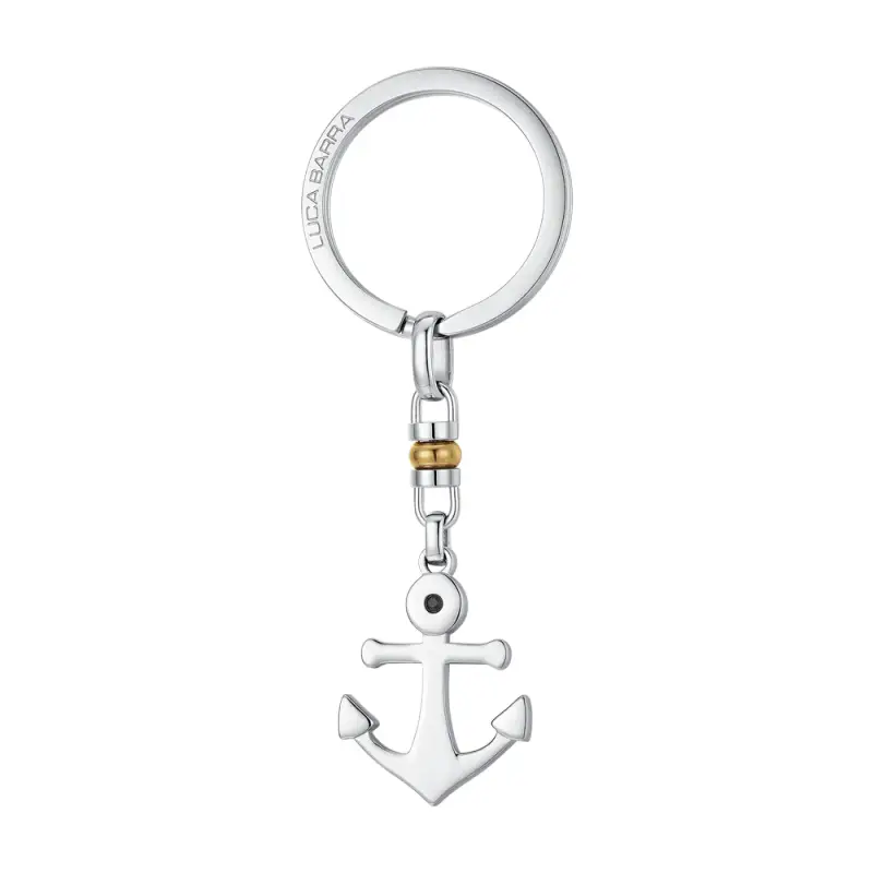 PORTACHIAVI UOMO IN ACCIAIO CON ANCORA, ZIRCONE NERO ED ELEMENTO IN IP GOLD