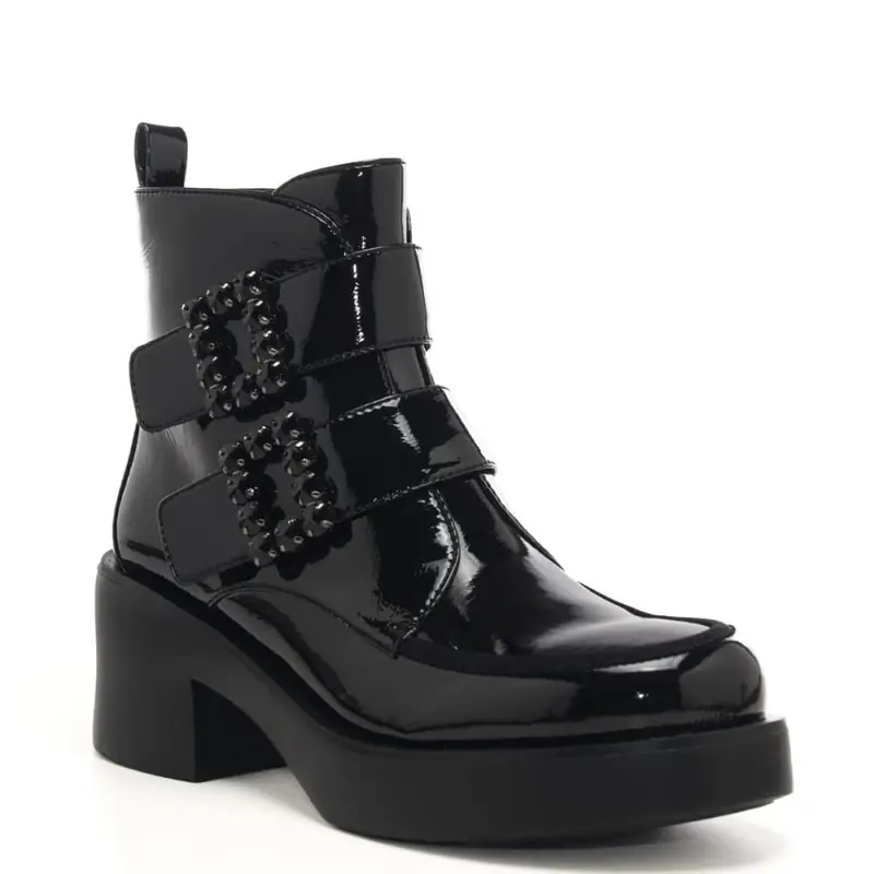 Luciano Barachini stivaletti da donna in verice con cerniera doppio cinturino nero black miniatura 2