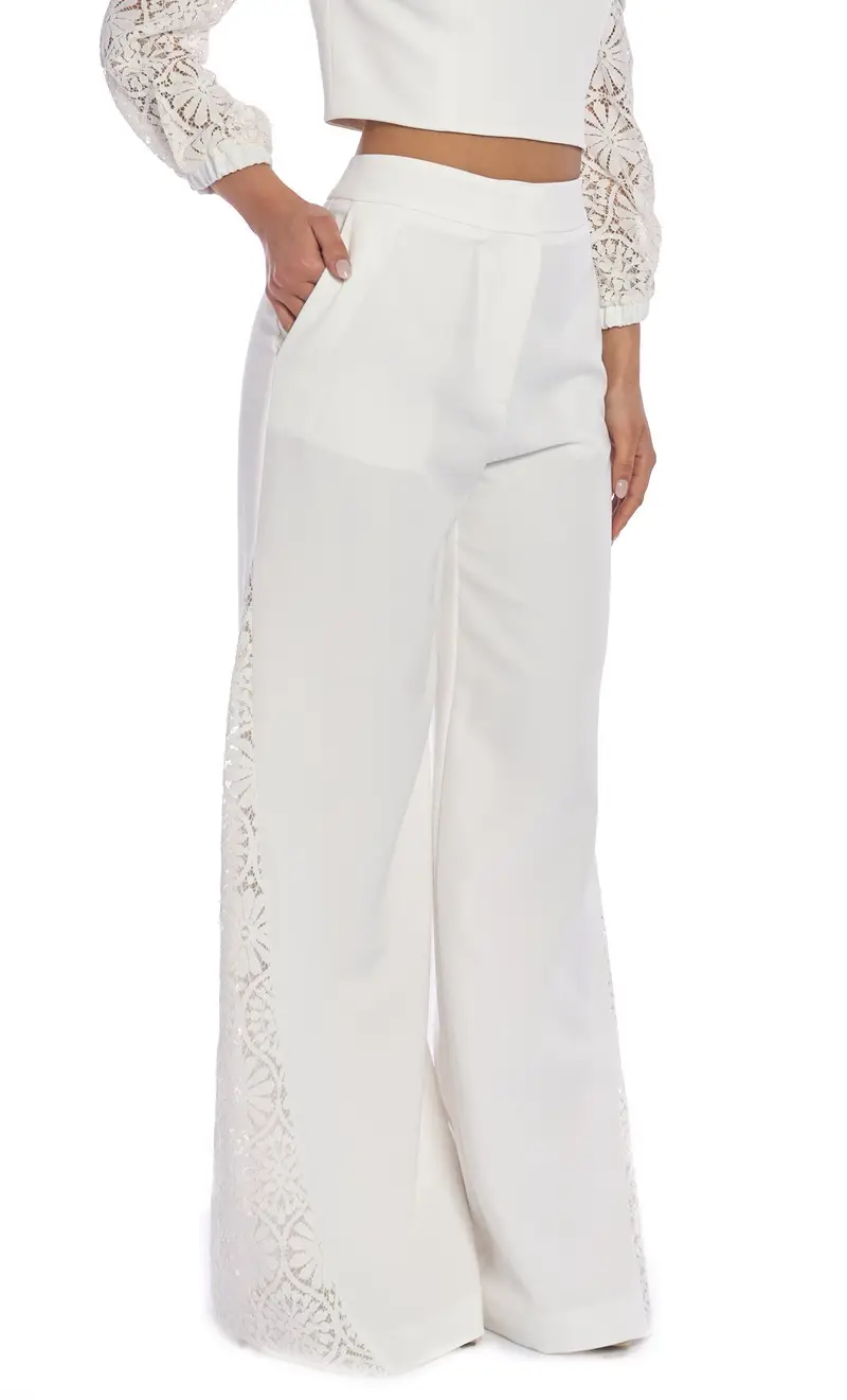 Pantalone luckylu palazzo con applicazione in pizzo, colore bianco