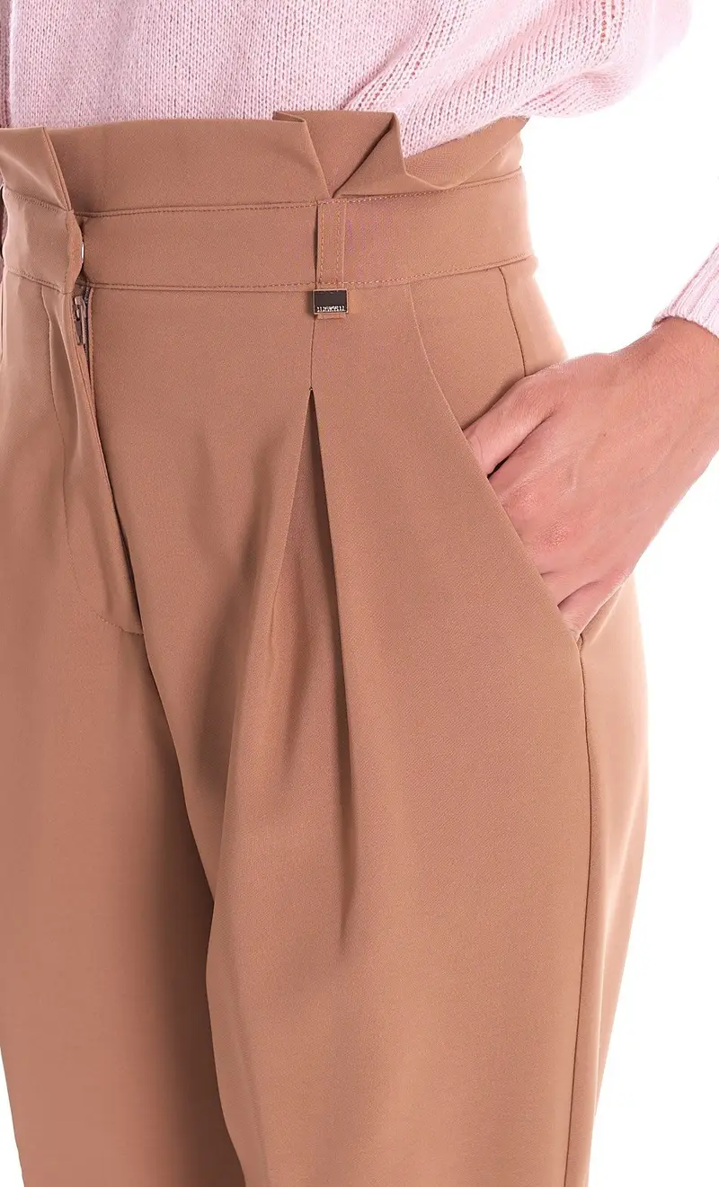 Pantalone luckylu vita alta con pinces cammello, colore cammello miniatura 2