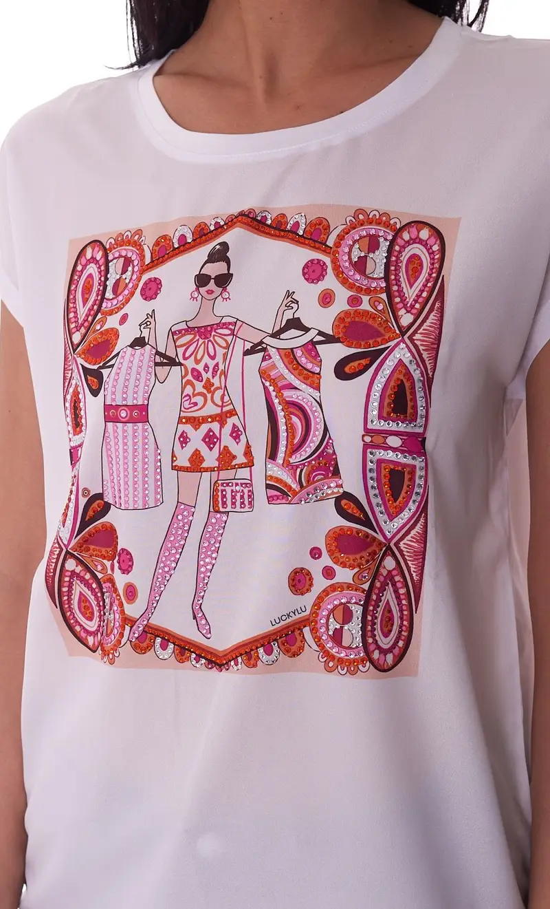 T-shirt luckylu stampata manica kimono, colore bianco miniatura 2