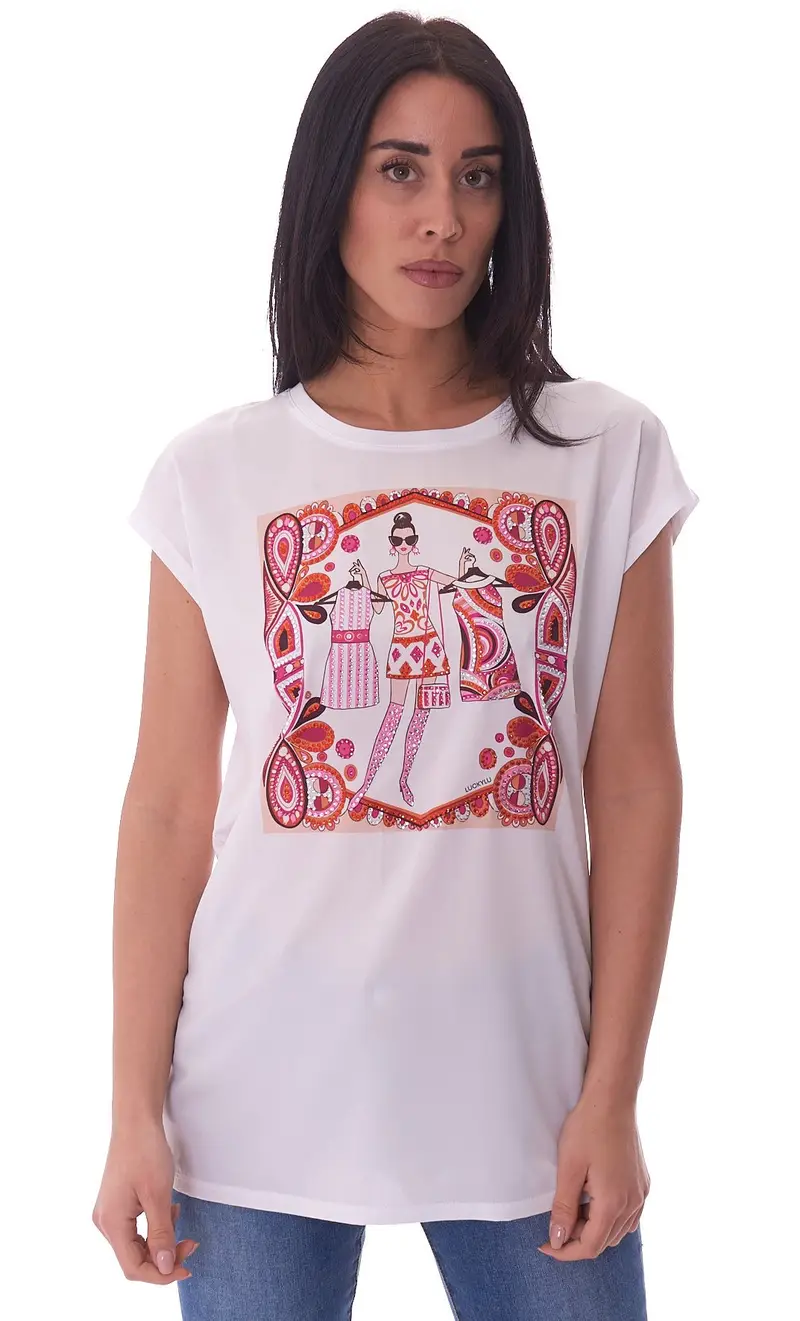 T-shirt luckylu stampata manica kimono, colore bianco