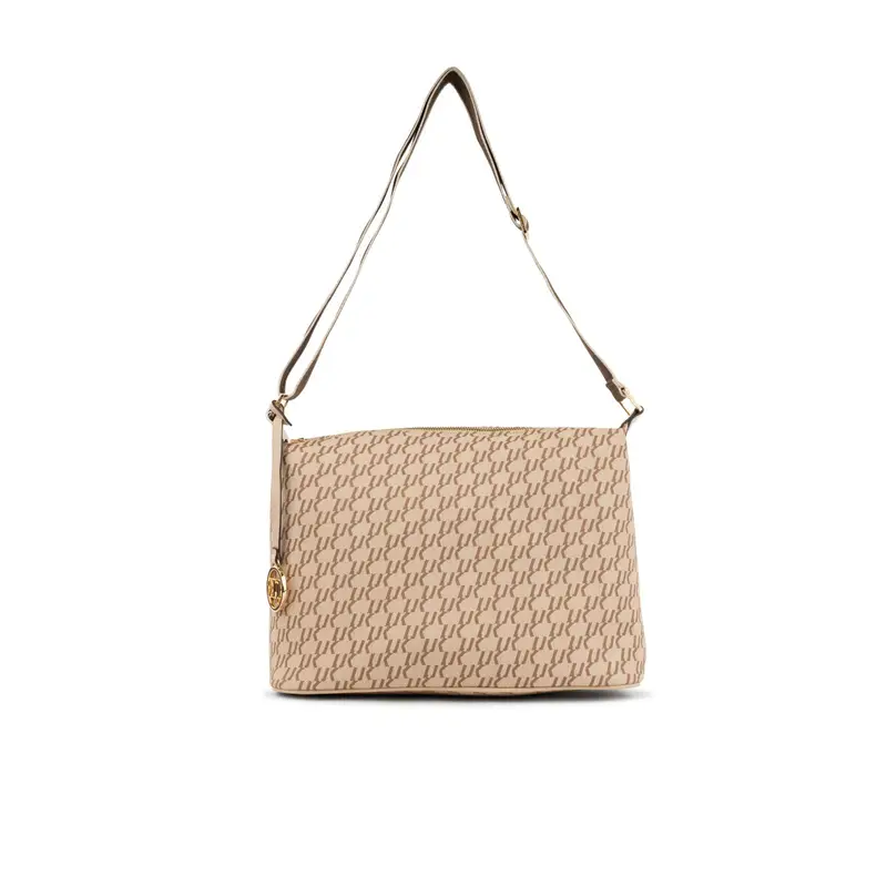 Borsa beige da donna con tracolla in fantasia multi-logo con ciondolo