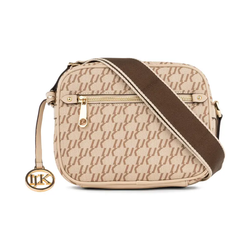 Borsa beige da donna con tracolla in tessuto e ciondolo con logo