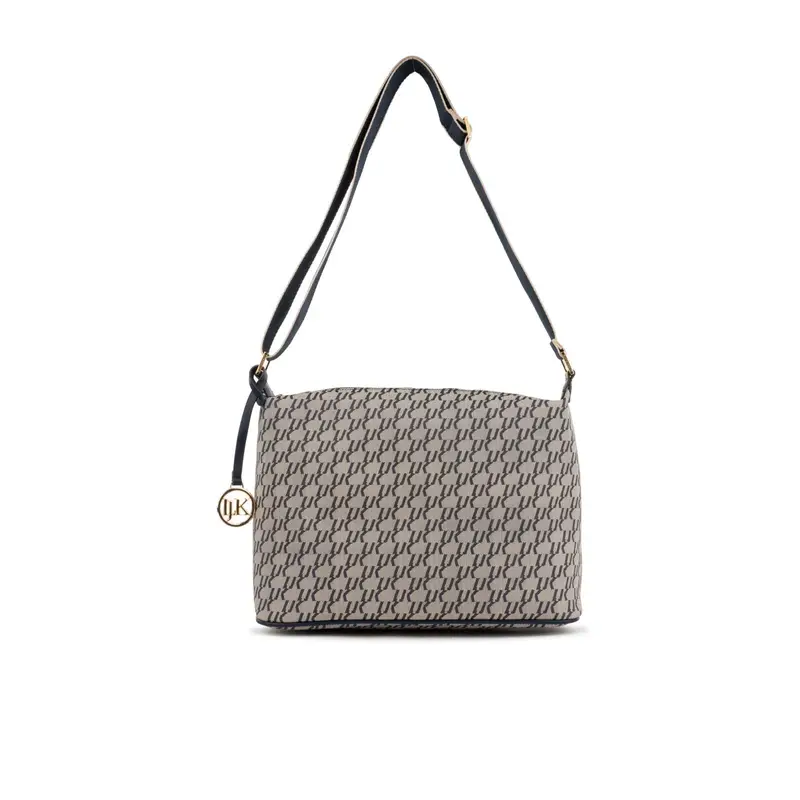 Borsa blu da donna con tracolla in fantasia multi-logo con ciondolo