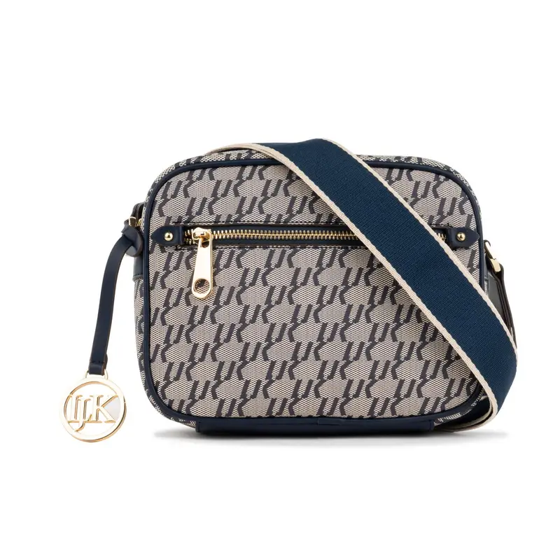 Borsa blu da donna con tracolla in tessuto e ciondolo con logo