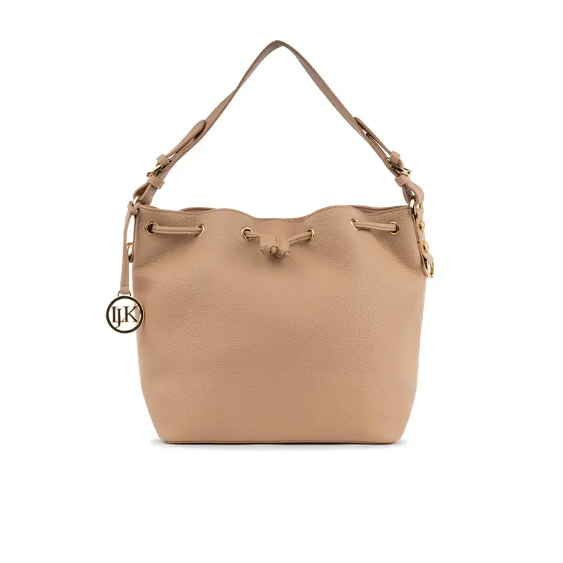 Borsa rosa a spalla da donna con coulisse e ciondolo