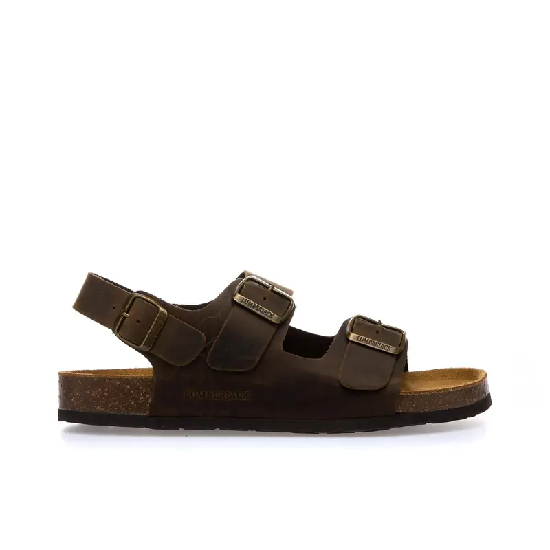 Sandali marroni in pelle con fibbie e fondo effetto sughero