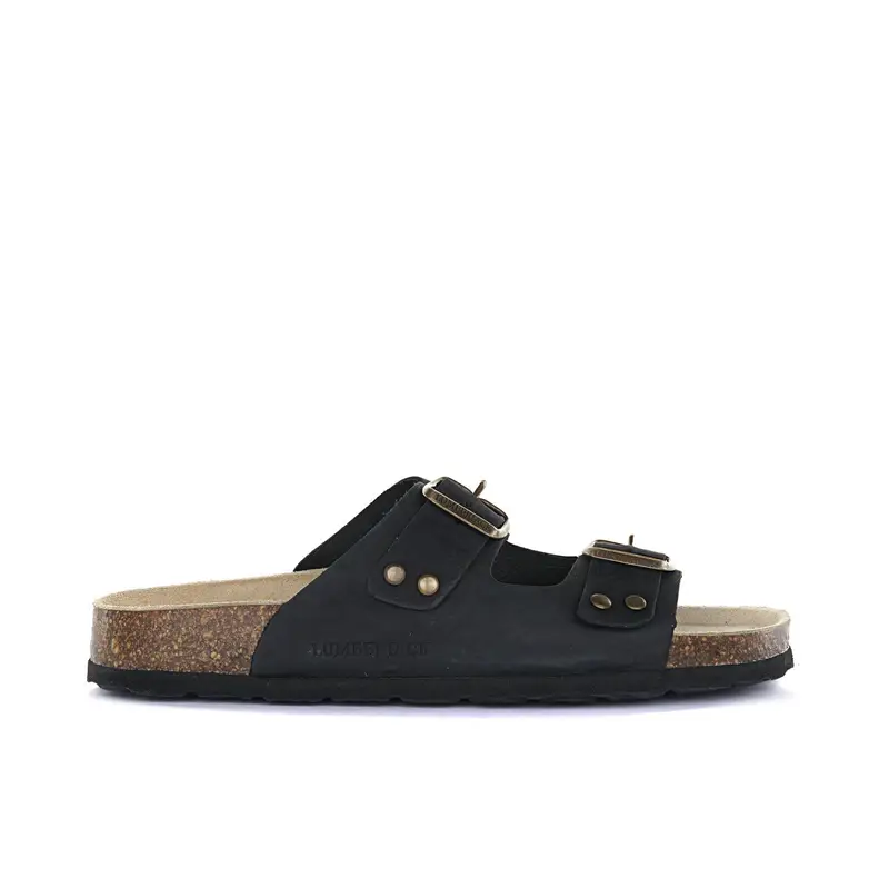 Sandali neri da donna in pelle con doppia fibbia e fondo effetto sughero