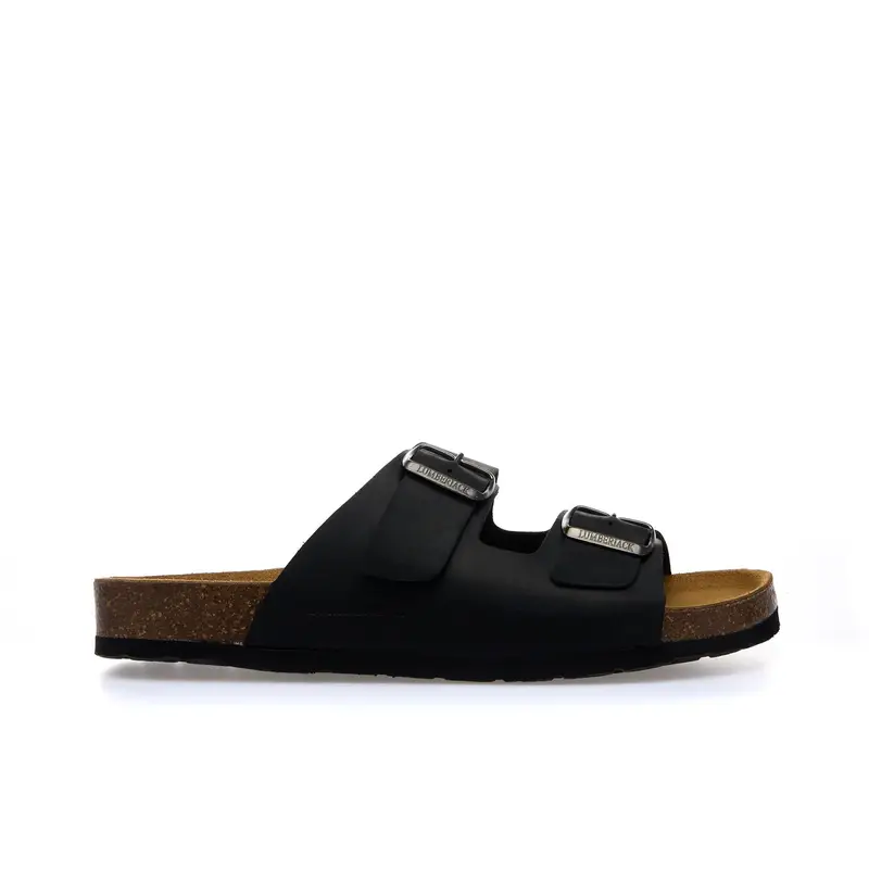 Sandali neri in pelle con fondo effetto sughero e fibbie