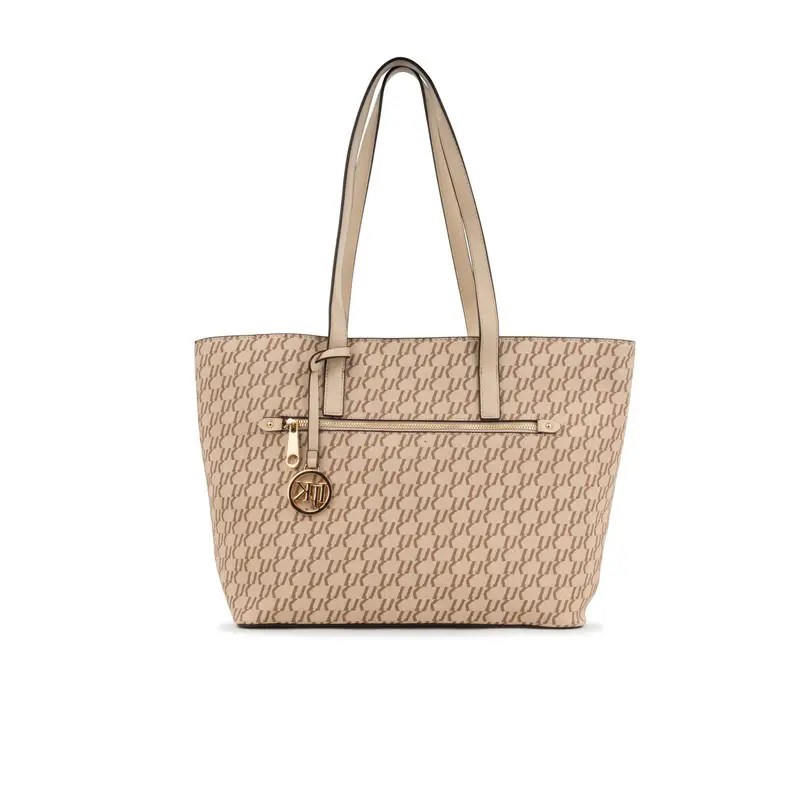 Shopper beige da donna in fantasia multi-logo con zip