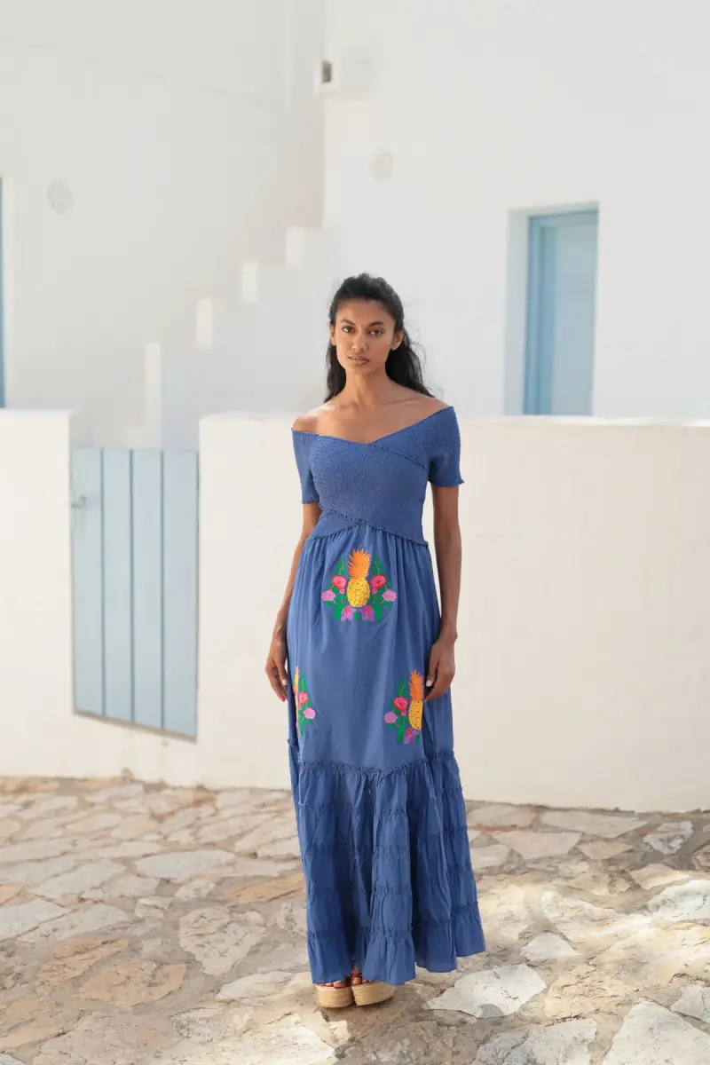 ABITO LUNGO CON COLLO INCROCIATO | Colore Blu |