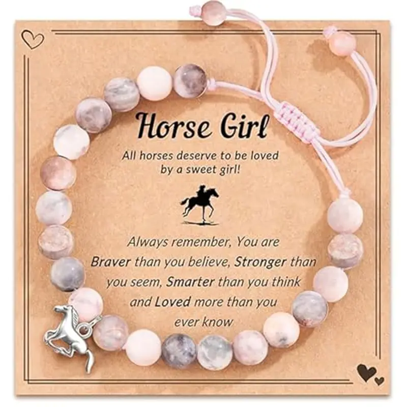 LunarCharm Bracciale con ciondolo a forma di cavallo, in pietra naturale rosa, regalo di cavallo, per ragazza, nipote, figlia, nipote che amava i cavalli, L, Pietra