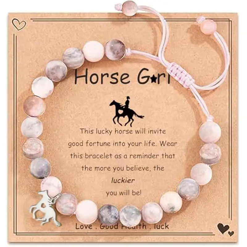 LunarCharm Braccialetto con ciondolo cavallo in pietra naturale rosa, bracciale bambina per ragazze, nipote, figlia, nipotina, amante dei cavalli, regali cavalli