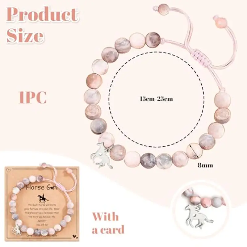 LunarCharm Braccialetto con ciondolo cavallo in pietra naturale rosa, bracciale bambina per ragazze, nipote, figlia, nipotina, amante dei cavalli, regali cavalli miniatura 2
