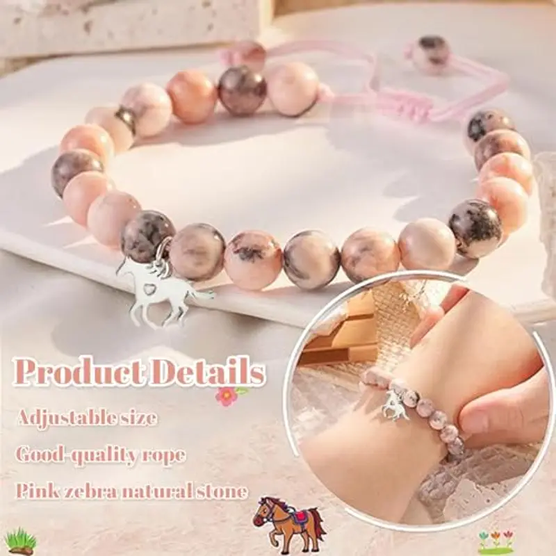 LunarCharm Braccialetto con ciondolo cavallo in pietra naturale rosa, bracciale bambina per ragazze, nipote, figlia, nipotina, amante dei cavalli, regali cavalli miniatura 3