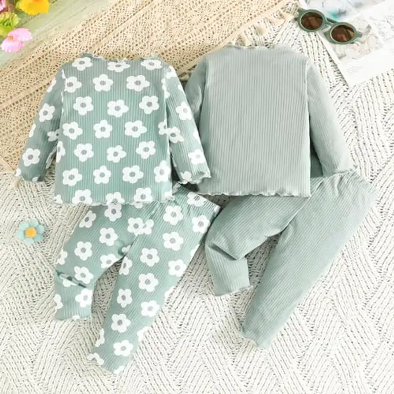 LUVCES Set di Vestiti per Bambine Maniche Lunghe con Volant a Coste Scollo Rotondo Magliette Top e Pantaloni 4 Pcs Home Completi 4Pcs Stampa floreale verde 18-24 Mesi miniatura 2