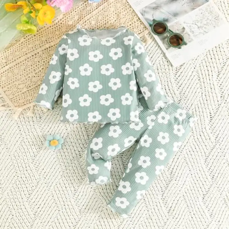 LUVCES Set di Vestiti per Bambine Maniche Lunghe con Volant a Coste Scollo Rotondo Magliette Top e Pantaloni 4 Pcs Home Completi 4Pcs Stampa floreale verde 18-24 Mesi miniatura 3