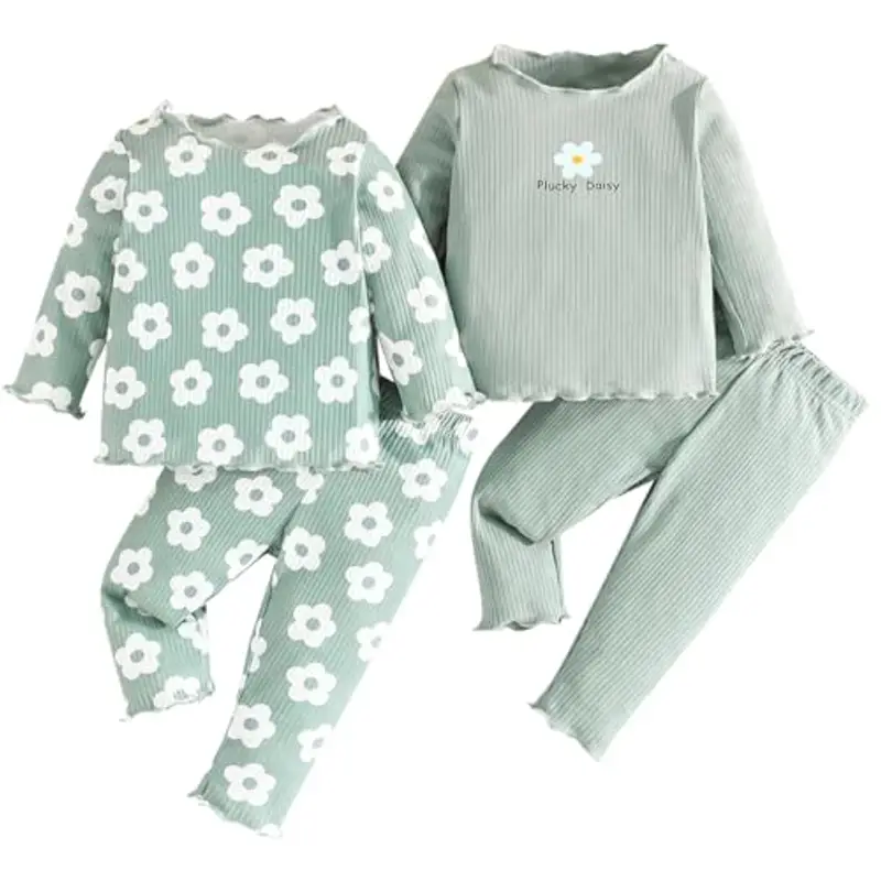 LUVCES Set di Vestiti per Bambine Maniche Lunghe con Volant a Coste Scollo Rotondo Magliette Top e Pantaloni 4 Pcs Home Completi 4Pcs Stampa floreale verde 2-3 Anni