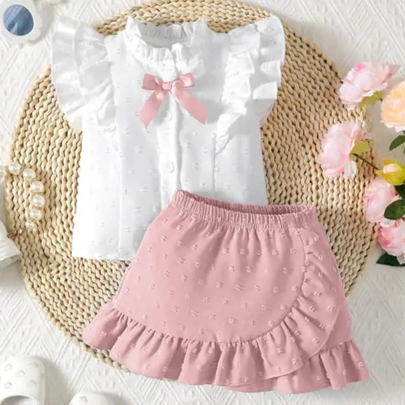 LUVCES Vestiti Bambina Gonna Set Senza Maniche Volant e Fiocco Davanti Camicia + Elegante a Pois Svizzeri Gonna 2 Pezzi miniatura 2