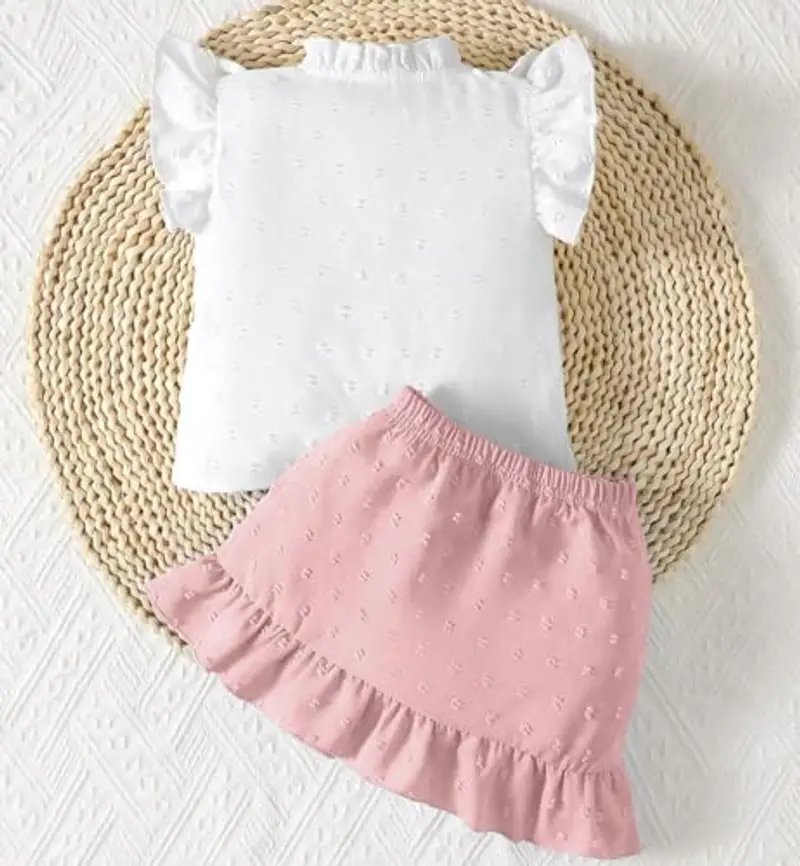 LUVCES Vestiti Bambina Gonna Set Senza Maniche Volant e Fiocco Davanti Camicia + Elegante a Pois Svizzeri Gonna 2 Pezzi miniatura 3