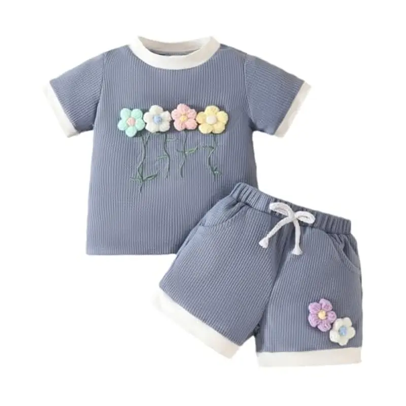 LUVCES Vestiti Estivi per Bambina 3D Flower Maniche Corte Maglietta Top e Pantaloncini 2 Pezzi Set Cute Waffle Abiti per Bimba Blu 12-18 Mesi