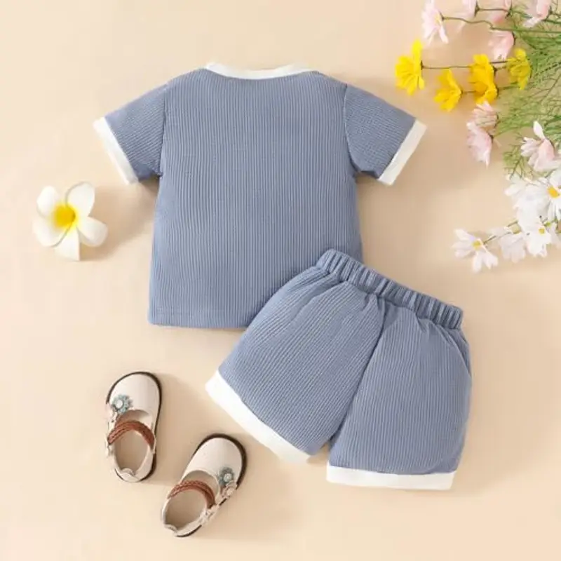 LUVCES Vestiti Estivi per Bambina 3D Flower Maniche Corte Maglietta Top e Pantaloncini 2 Pezzi Set Cute Waffle Abiti per Bimba Blu 12-18 Mesi miniatura 2