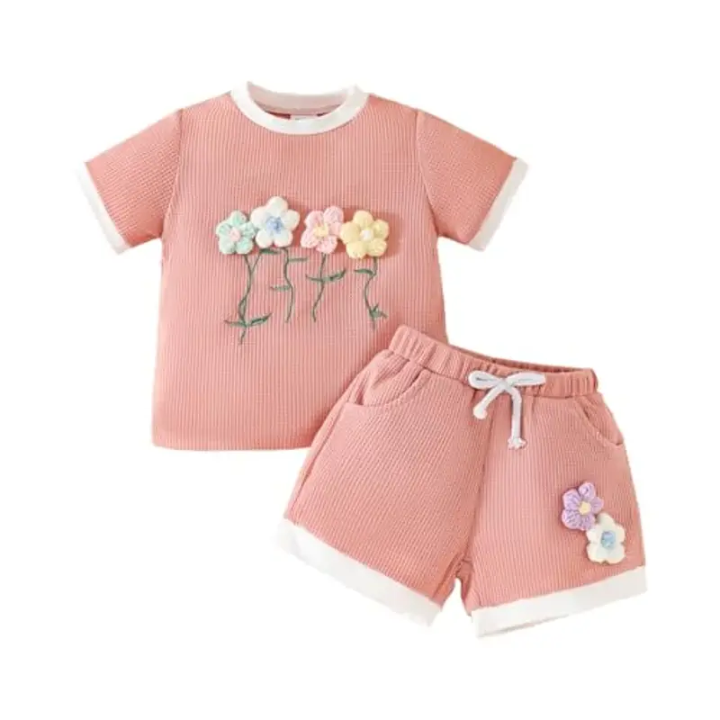 LUVCES Vestiti Estivi per Bambina 3D Flower Maniche Corte Maglietta Top e Pantaloncini 2 Pezzi Set Cute Waffle Abiti per Bimba Rosa 12-18 Mesi
