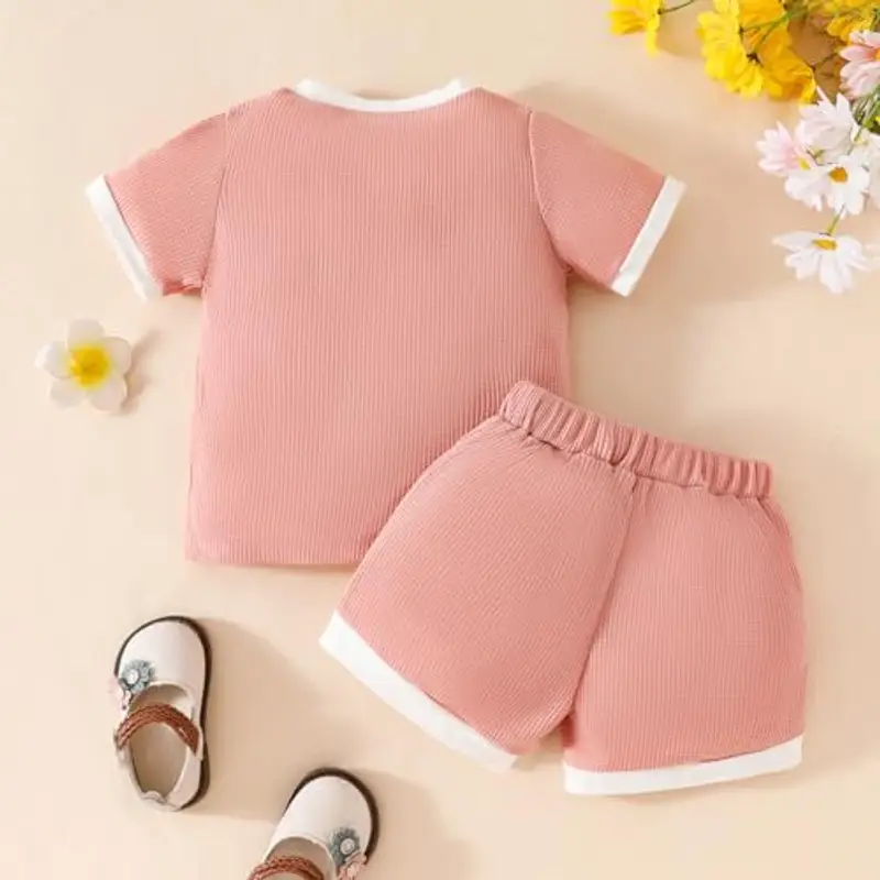 LUVCES Vestiti Estivi per Bambina 3D Flower Maniche Corte Maglietta Top e Pantaloncini 2 Pezzi Set Cute Waffle Abiti per Bimba Rosa 12-18 Mesi miniatura 2