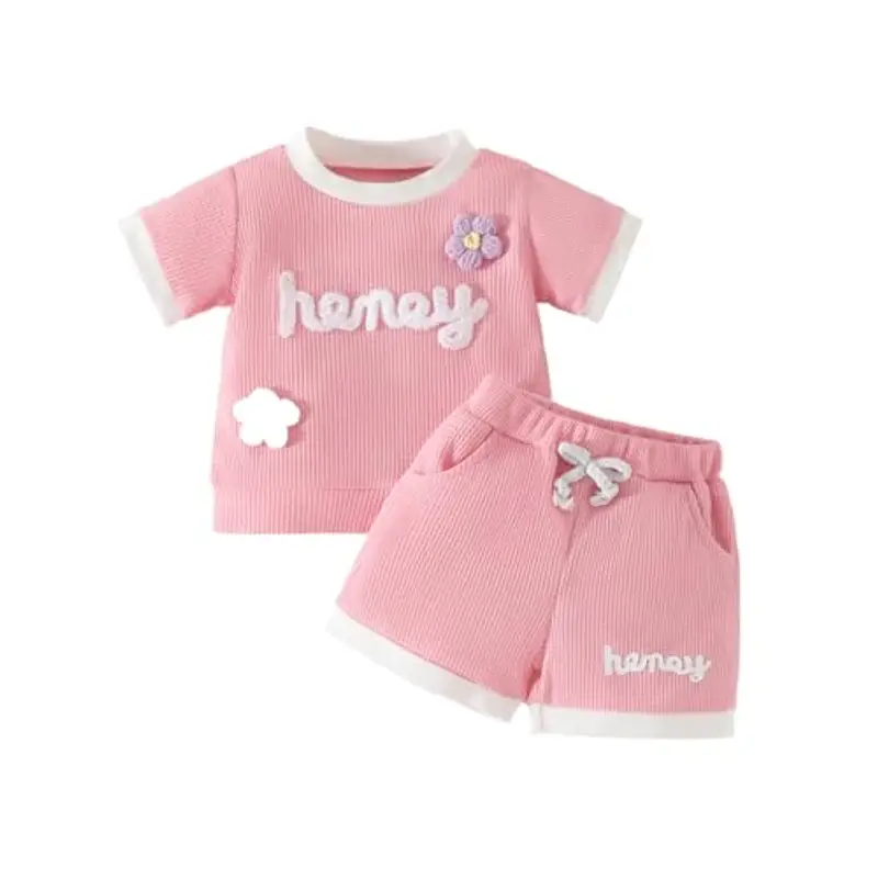 LUVCES Vestiti per Bambine Completino Estivo Floreale Manica Corta stampa a lettere Maglietta e Pantaloncini 2Pezzi Set Carino Waffle Abbigliamento Rosa rossa 12-18 Mesi