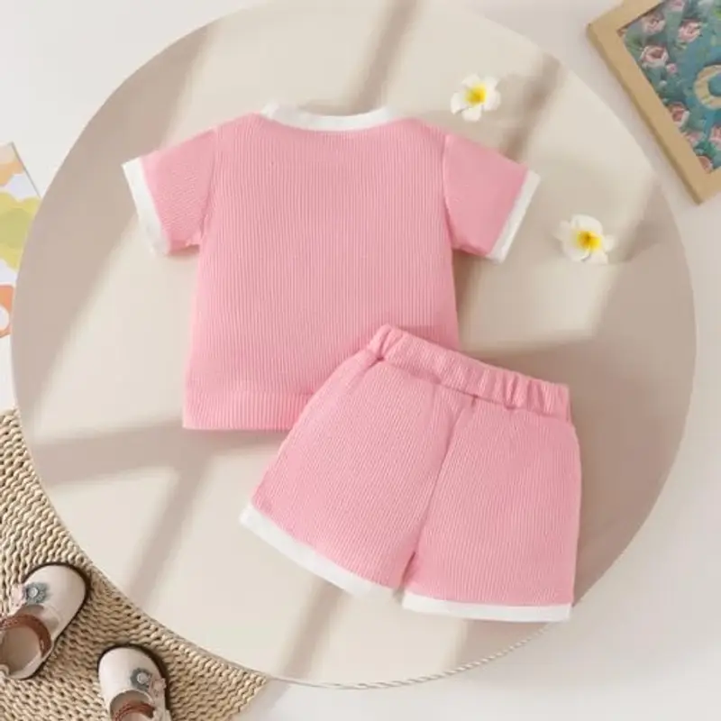 LUVCES Vestiti per Bambine Completino Estivo Floreale Manica Corta stampa a lettere Maglietta e Pantaloncini 2Pezzi Set Carino Waffle Abbigliamento Rosa rossa 9-12 Mesi miniatura 2