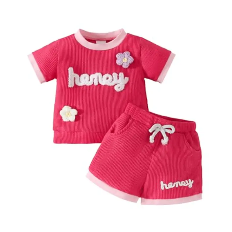 LUVCES Vestiti per Bambine Completino Estivo Floreale Manica Corta stampa a lettere Maglietta e Pantaloncini 2Pezzi Set Carino Waffle Abbigliamento Rosa rossa 9-12 Mesi