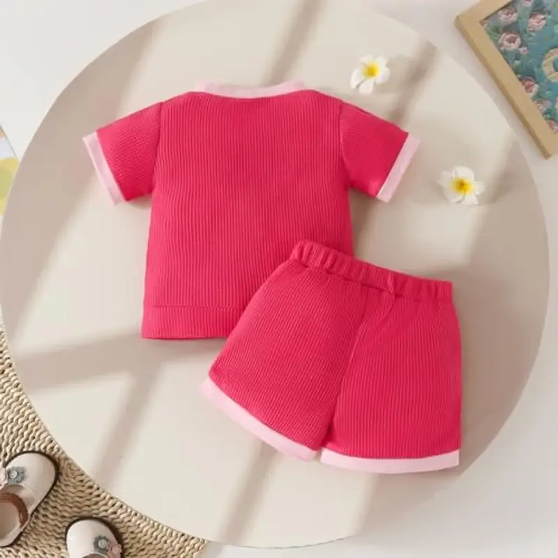 LUVCES Vestiti per Bambine Completino Estivo Floreale Manica Corta stampa a lettere Maglietta e Pantaloncini 2Pezzi Set Carino Waffle Abbigliamento Rosa rossa 9-12 Mesi miniatura 2