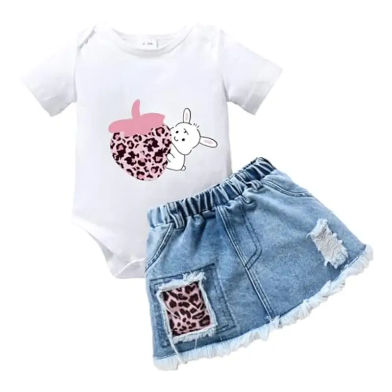 LUVCES Vestiti per Neonata Maniche Corte con Volant Lettere Stampa Tutina+ Denim Jeans Strappata Gonna Set per Neonati Vestiti Estivi Coniglio Bianco 12-18 Mesi